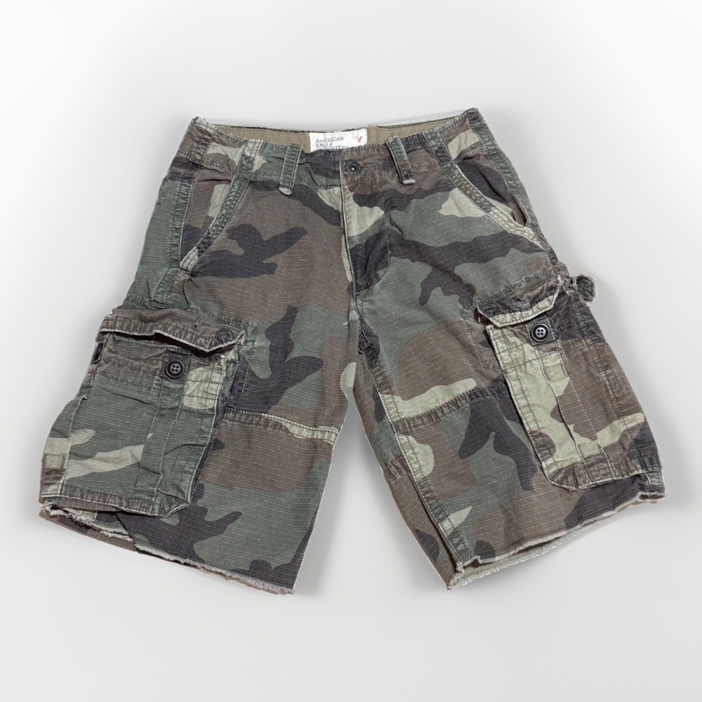 American Eagle Mens Camo Cargo Shorts Ripstop Classic Length Green Brown 28